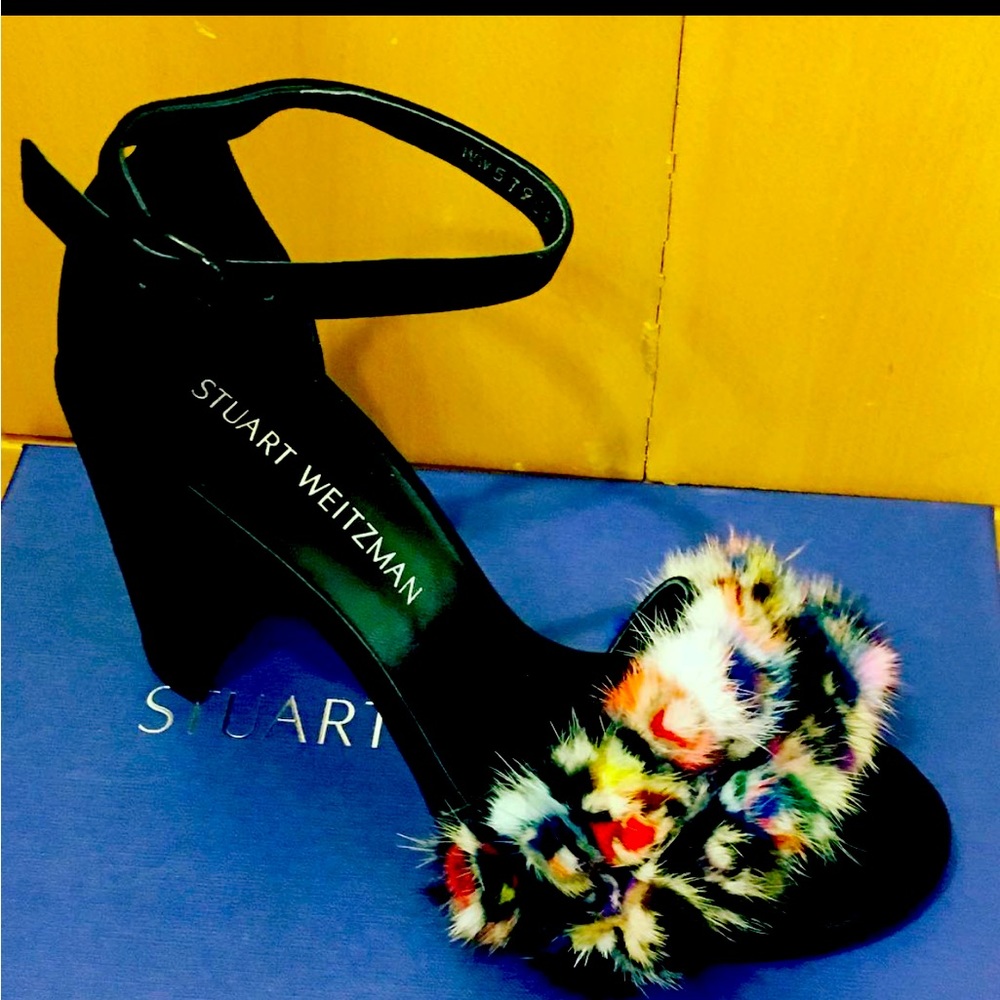 Real rabbit fur multi color block heel with ankle strap. Only worn one time!